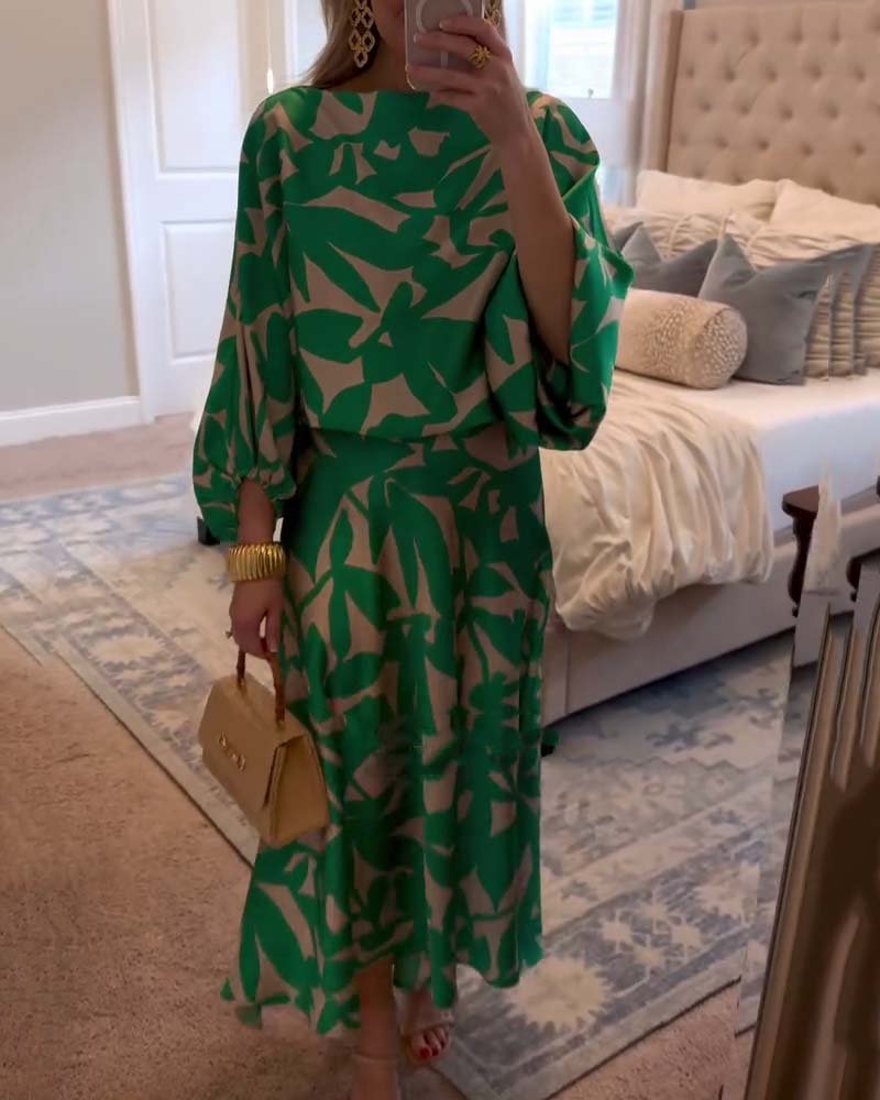 Women's green leaf print top and midi skirt co-ord set with lantern sleeves