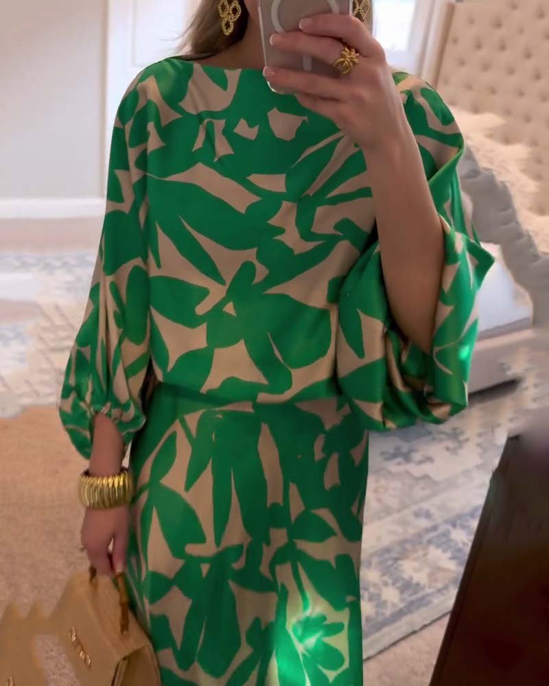 Women's green leaf print top and midi skirt co-ord set with lantern sleeves