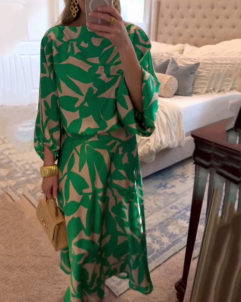 Women's green leaf print top and midi skirt co-ord set with lantern sleeves