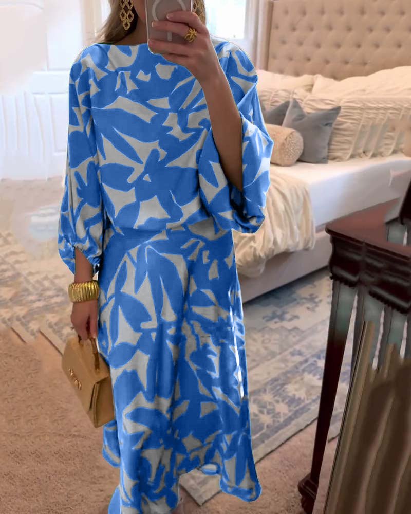 Women's blue leaf print top and midi skirt co-ord set with lantern sleeves