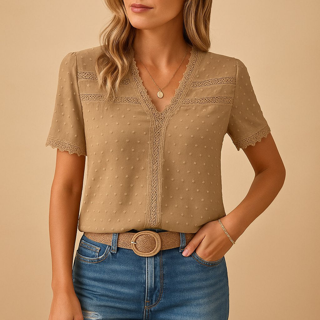 Women's khaki lace trim blouse with V-neck and short sleeves