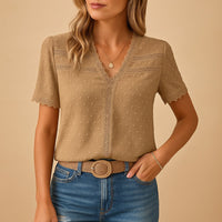 Women's Lace Trim Blouse with V-Neck and Short Sleeves
