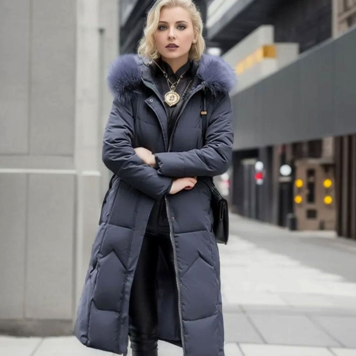 Grey quilted parka coat with faux fur hood trim, cosy for women