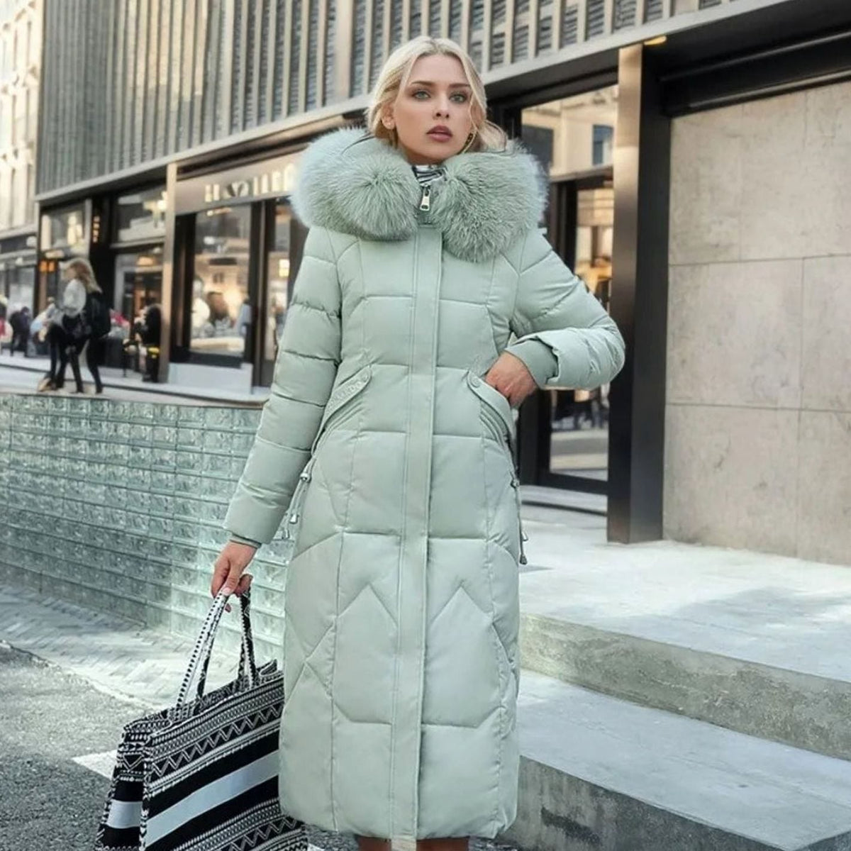 Green quilted parka coat with faux fur hood trim, cosy for women