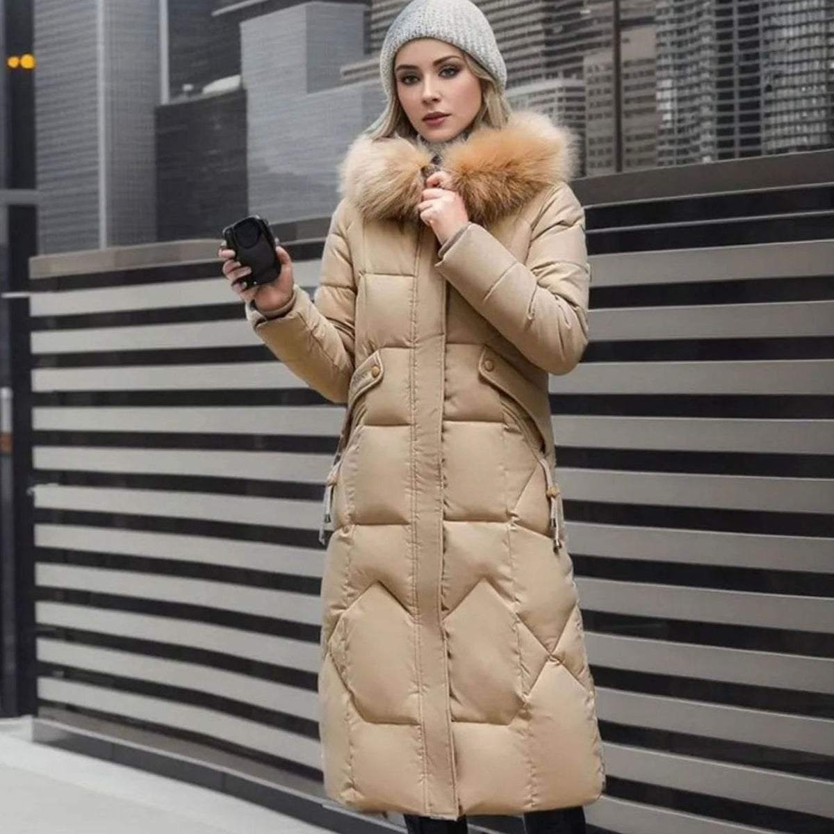 Khaki quilted parka coat with faux fur hood trim, cosy for women