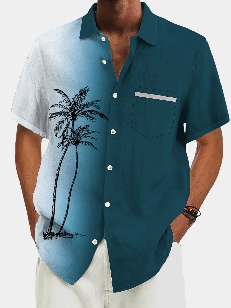 Men's blue tropical print short-sleeve resort shirt