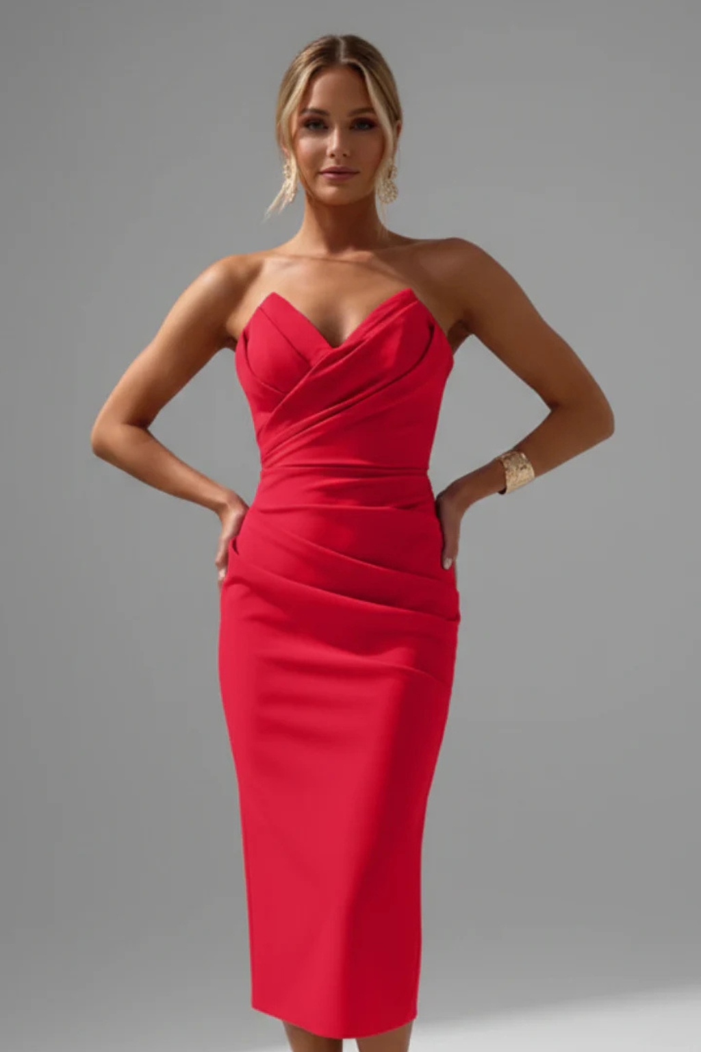 Women's strapless sweetheart ruched midi dress