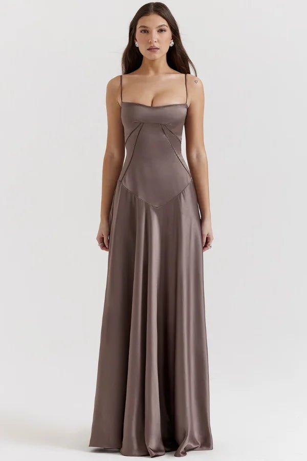 Women's purple satin corset maxi dress with spaghetti straps