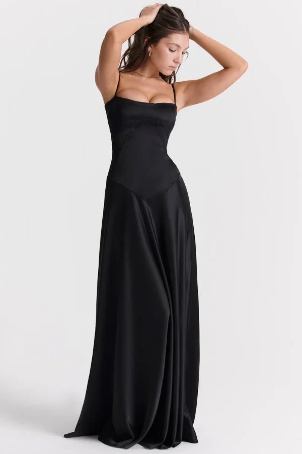 Women's black satin corset maxi dress with spaghetti straps