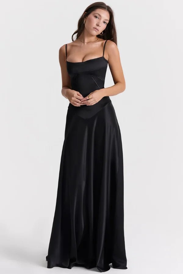 Women's black satin corset maxi dress with spaghetti straps