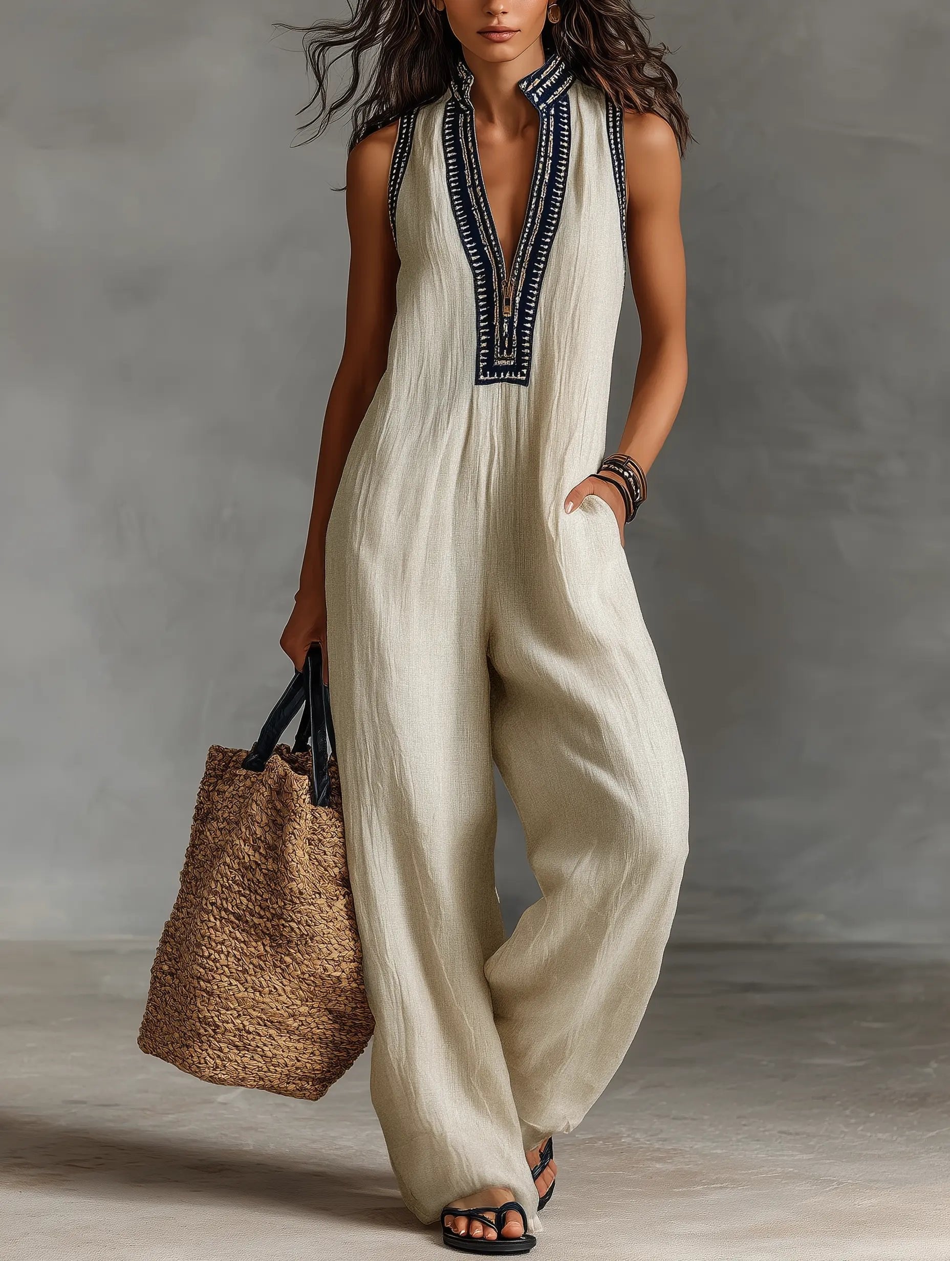 Women's patterned embroidered linen jumpsuit with stand collar