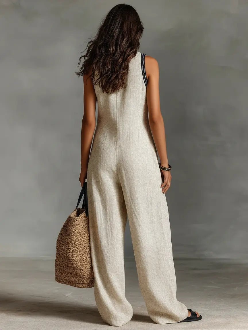 Women's patterned embroidered linen jumpsuit with stand collar
