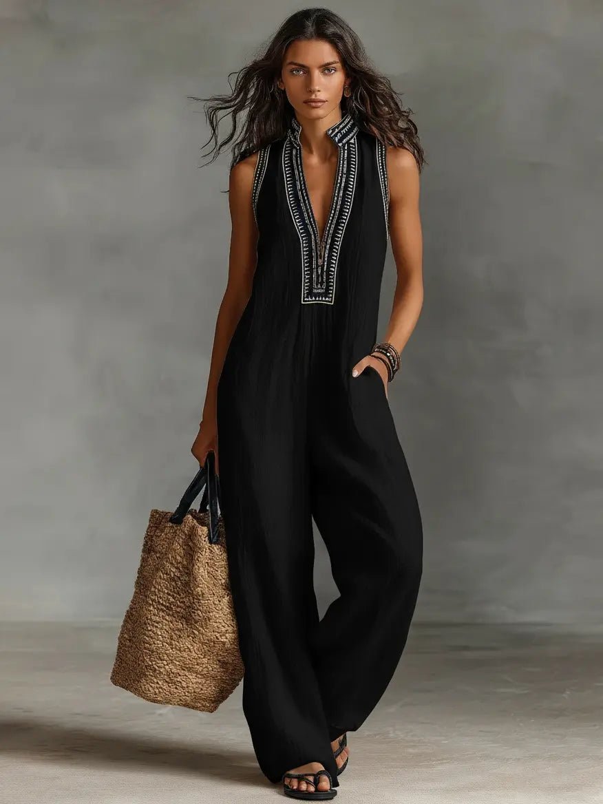 Women's patterned embroidered linen jumpsuit with stand collar