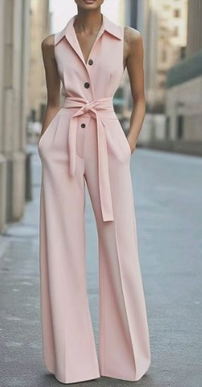 Women's orange sleeveless wide-leg jumpsuit with button front and belt