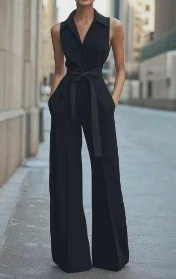 Women's orange sleeveless wide-leg jumpsuit with button front and belt