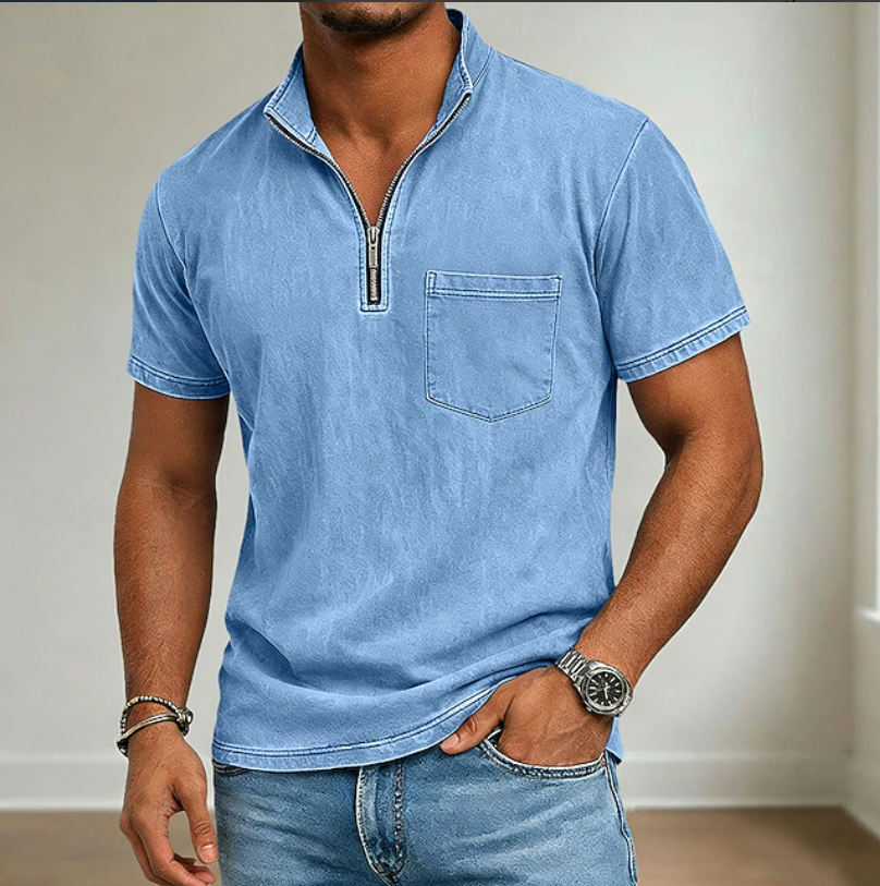 Men's blue half-zip polo shirt