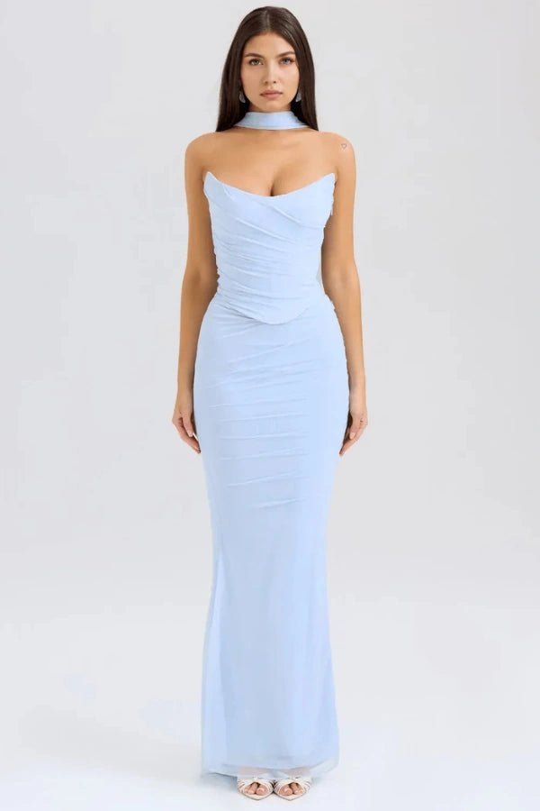 Women's light blue strapless corset dress with a structured bodice