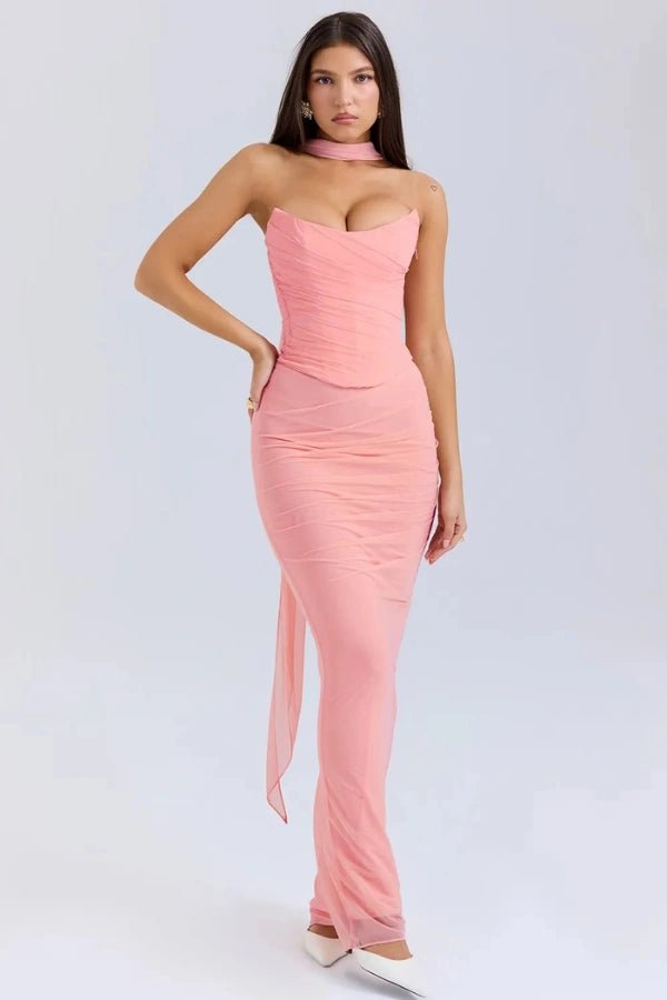 Women's red strapless corset dress with a structured bodice