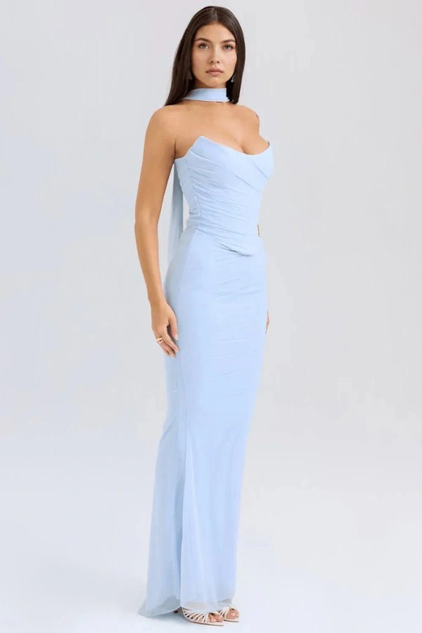Women's peach strapless corset dress with a structured bodice