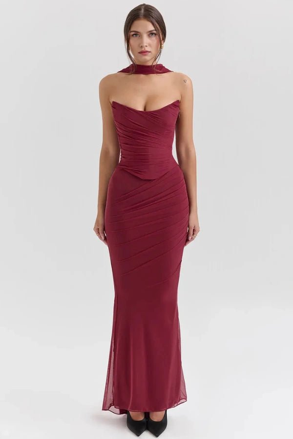 Women's peach strapless corset dress with a structured bodice