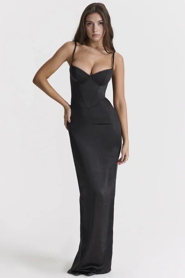 Women's red satin gown with a sweetheart neck and long sleeves