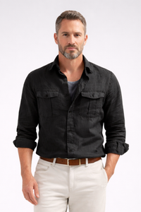 Men's Long Sleeve Cotton Linen Shirt - Utility Pockets