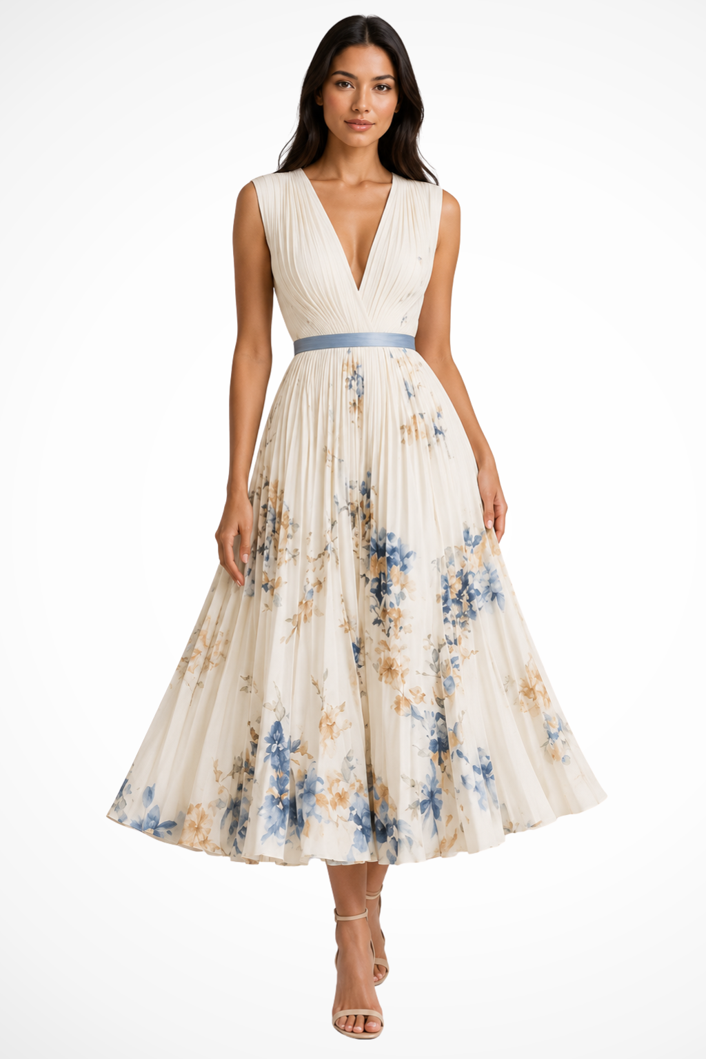 Women's beige petite floral pleated v-neck midi dress