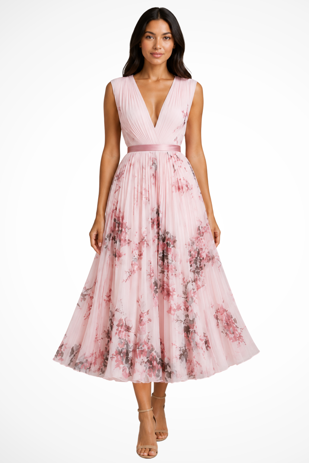 Women's pink petite floral pleated v-neck midi dress