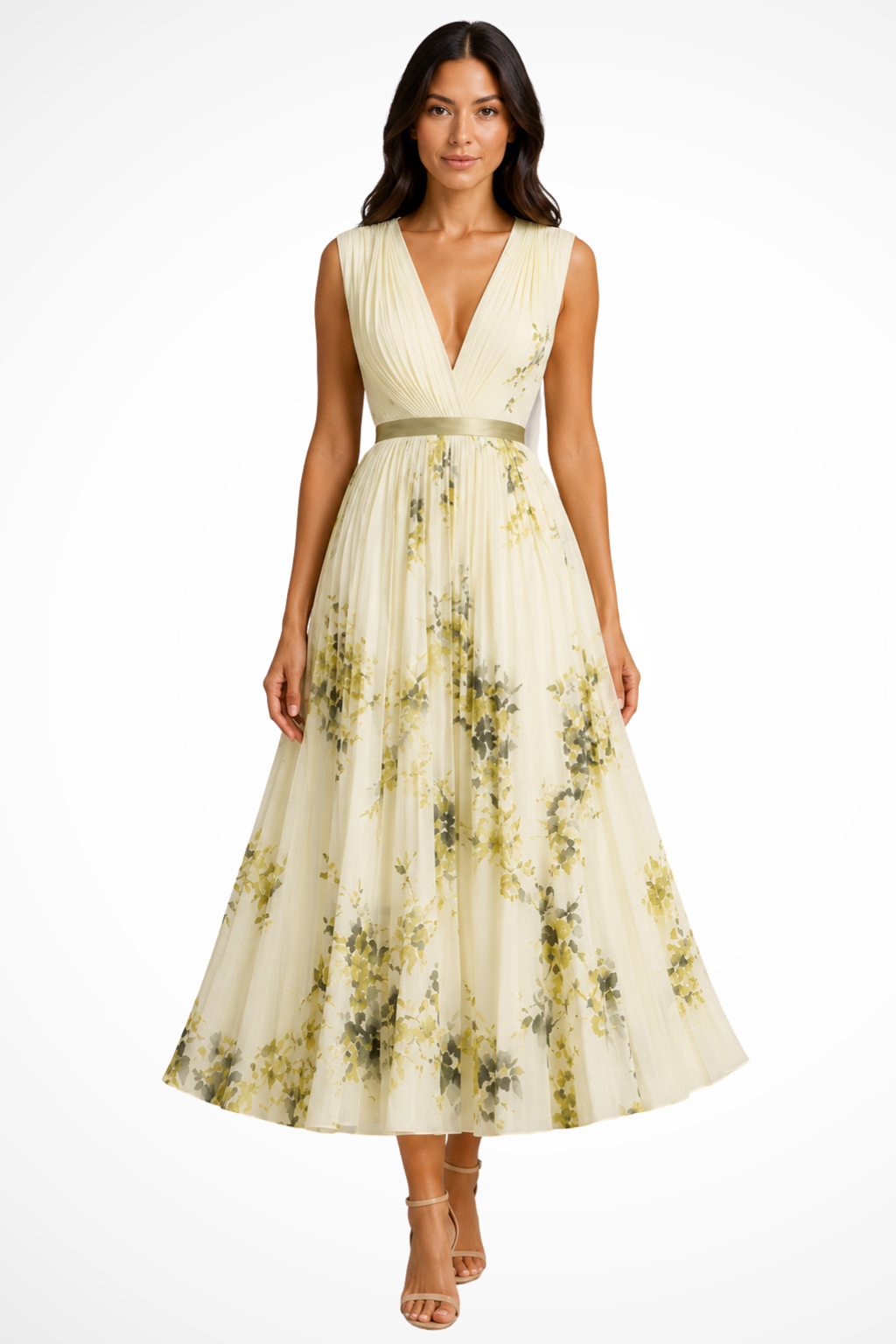 Women's yellow petite floral pleated v-neck midi dress