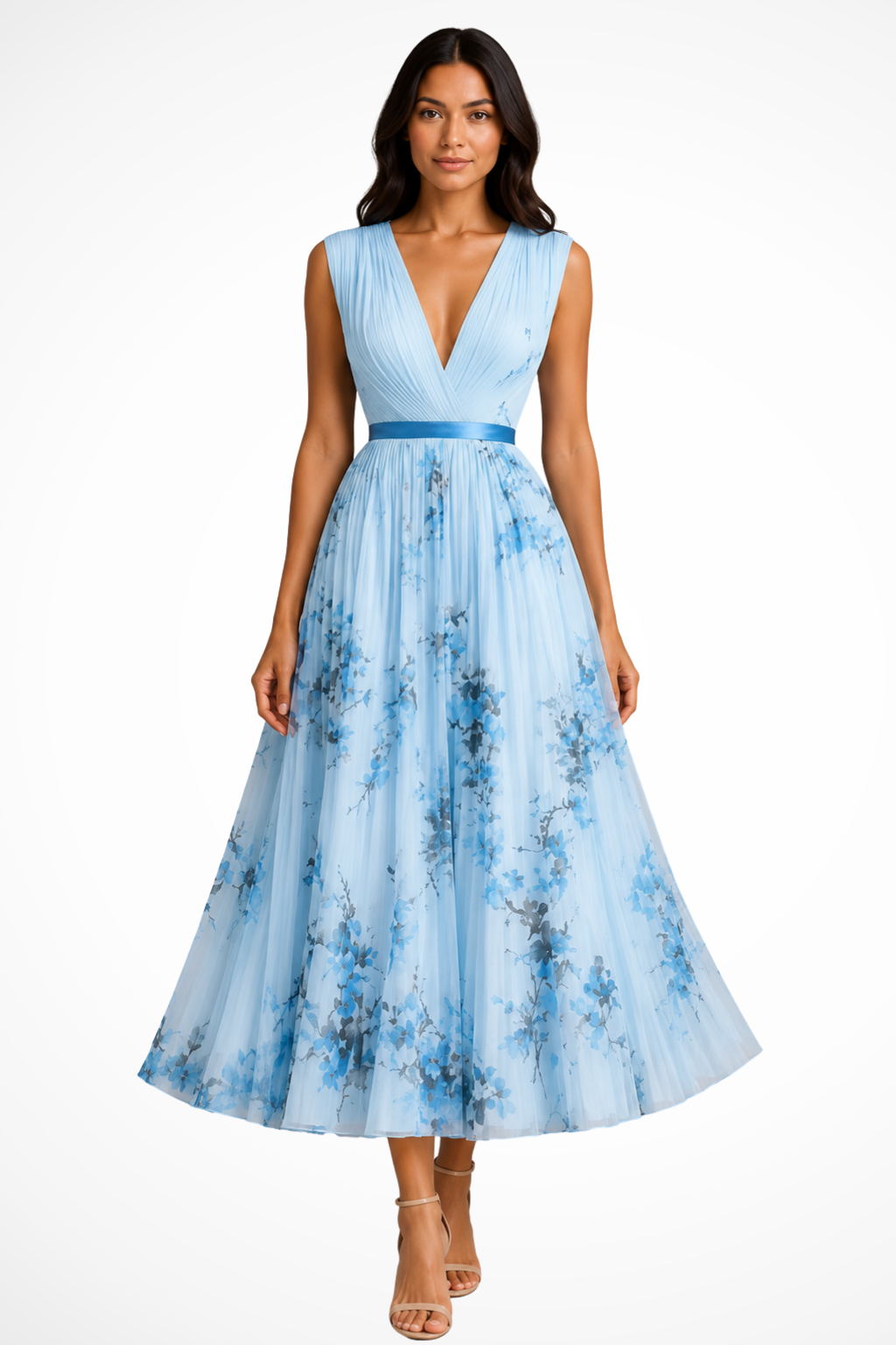 Women's blue petite floral pleated v-neck midi dress