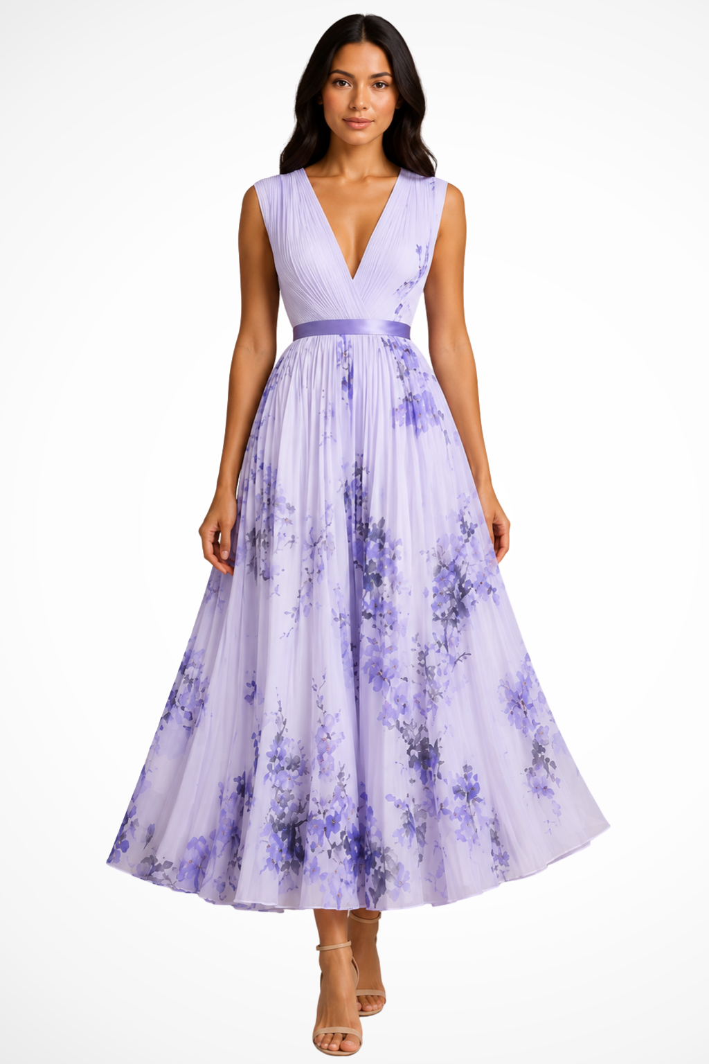 Women's purple petite floral pleated v-neck midi dress