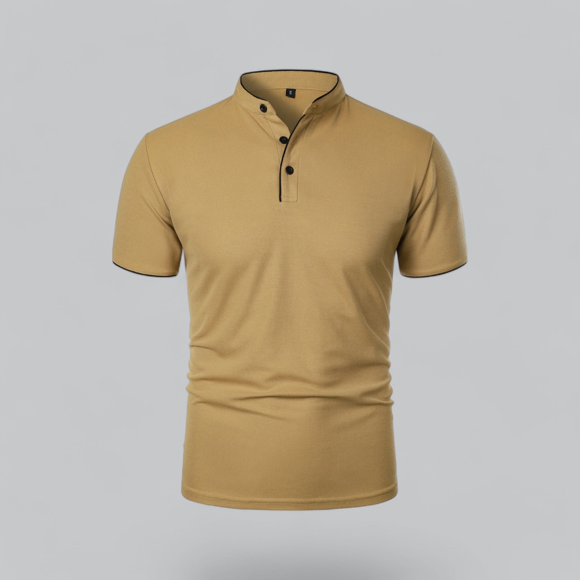 Men's khaki cotton polo shirt with mandarin collar
