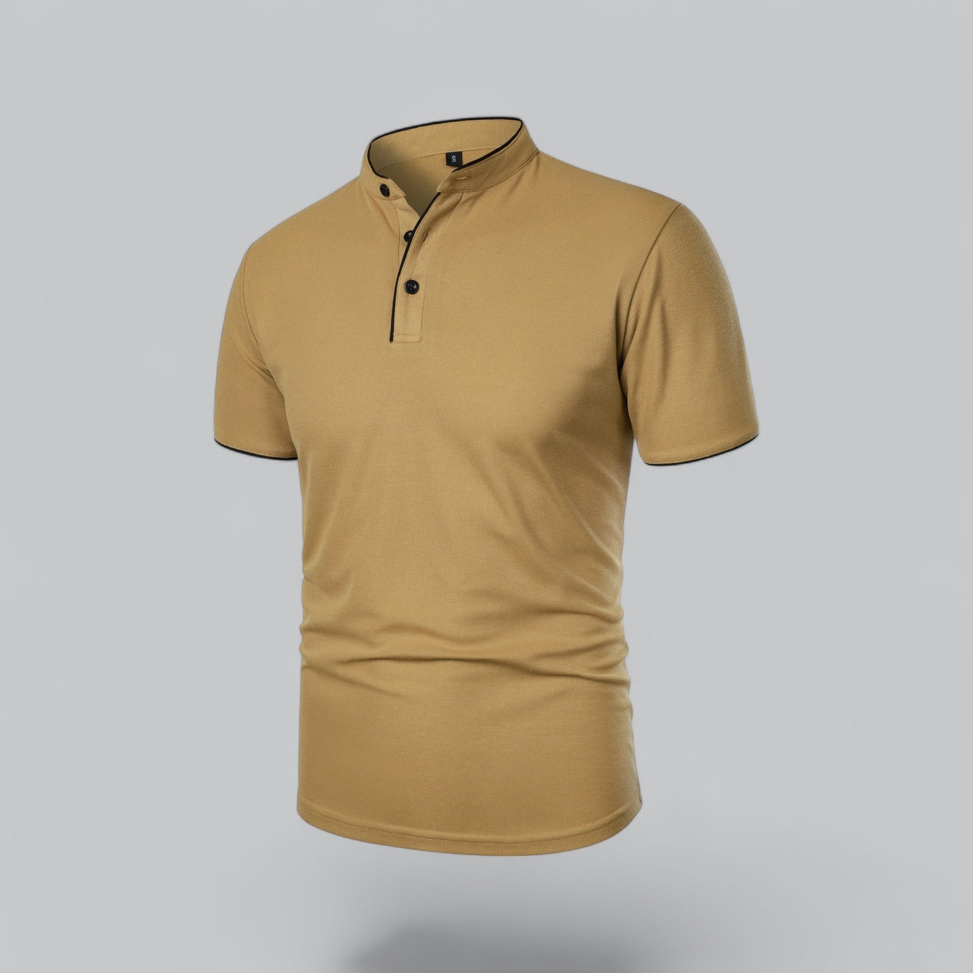 Men's khaki cotton polo shirt with mandarin collar