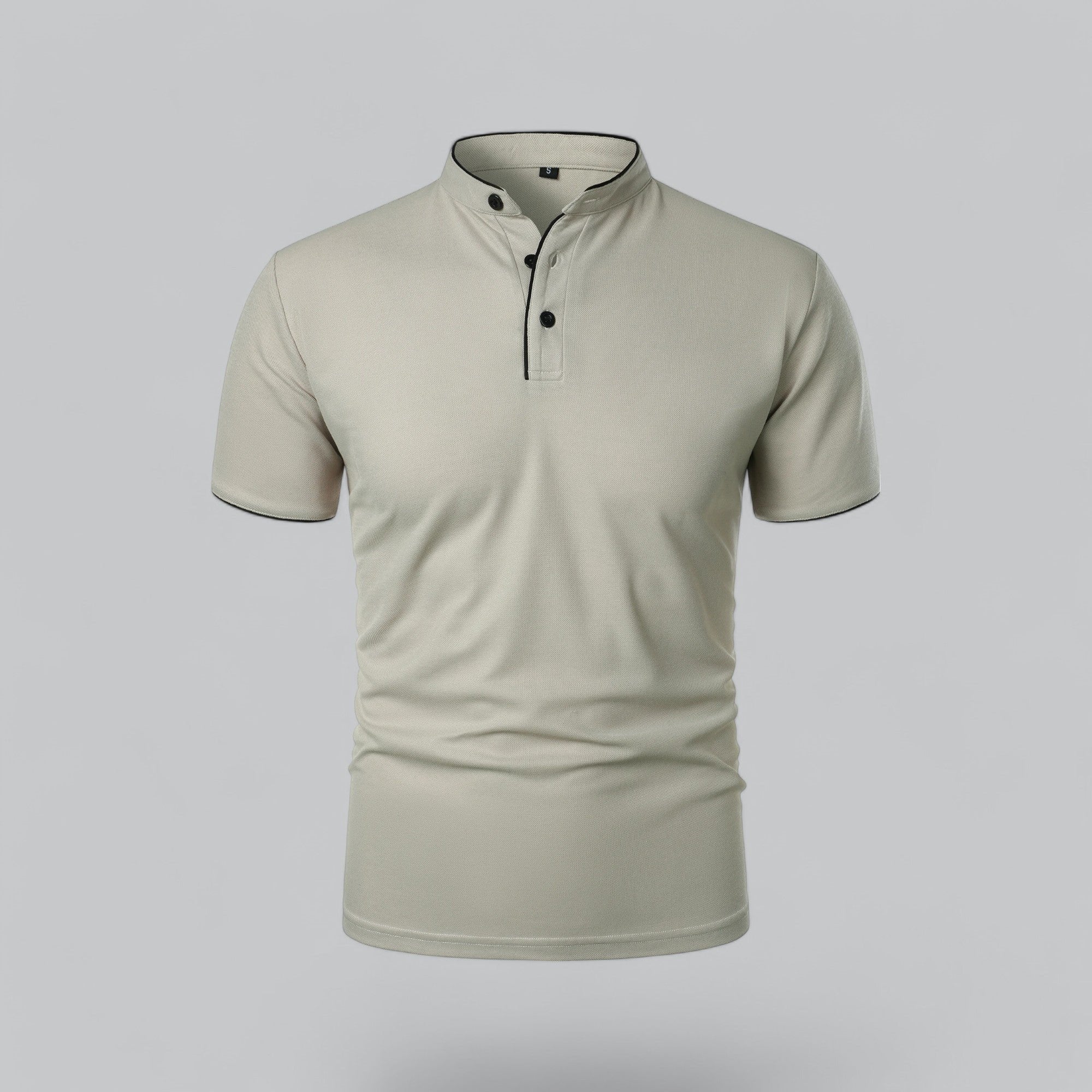 Men's khaki cotton polo shirt with mandarin collar