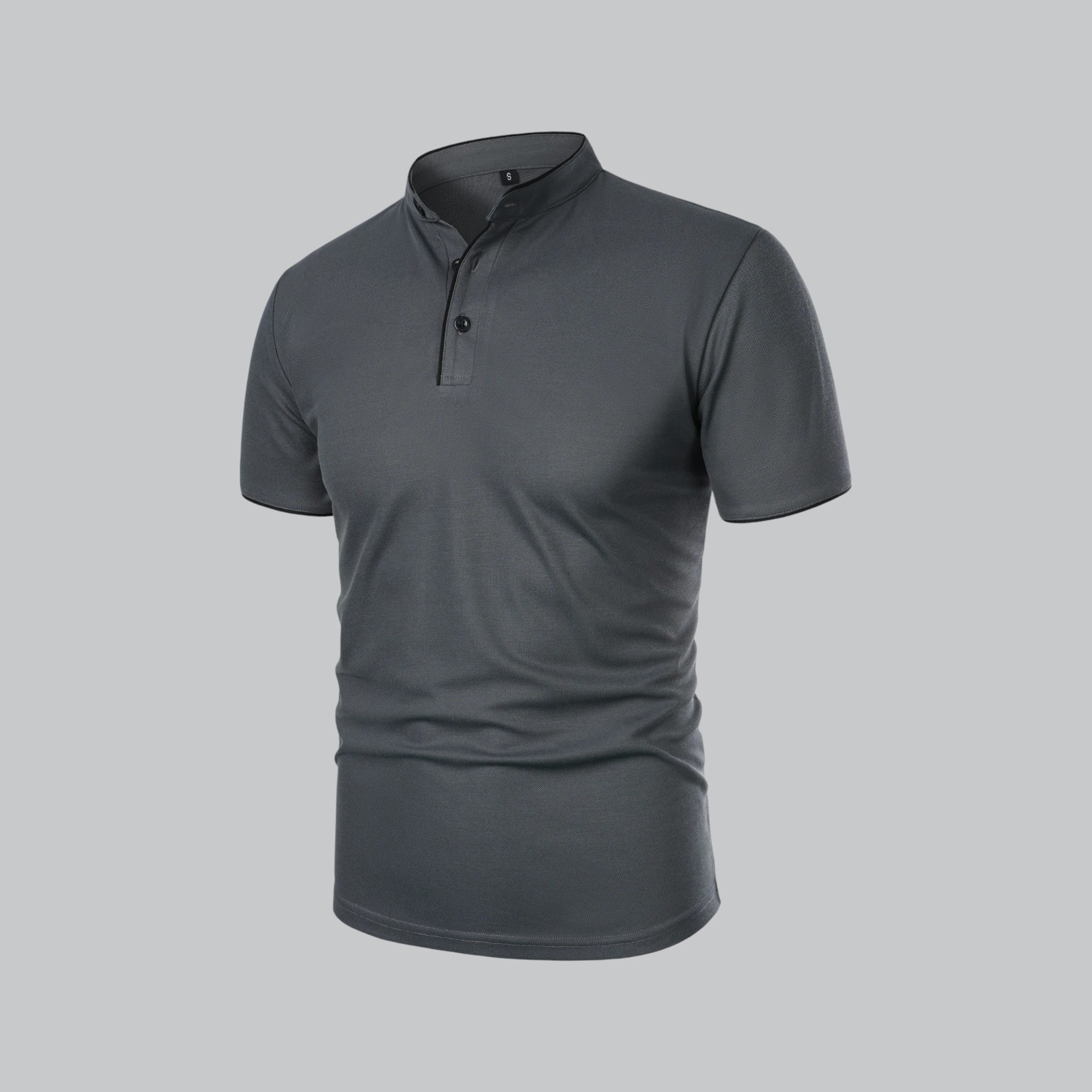 Men's light grey cotton polo shirt with mandarin collar