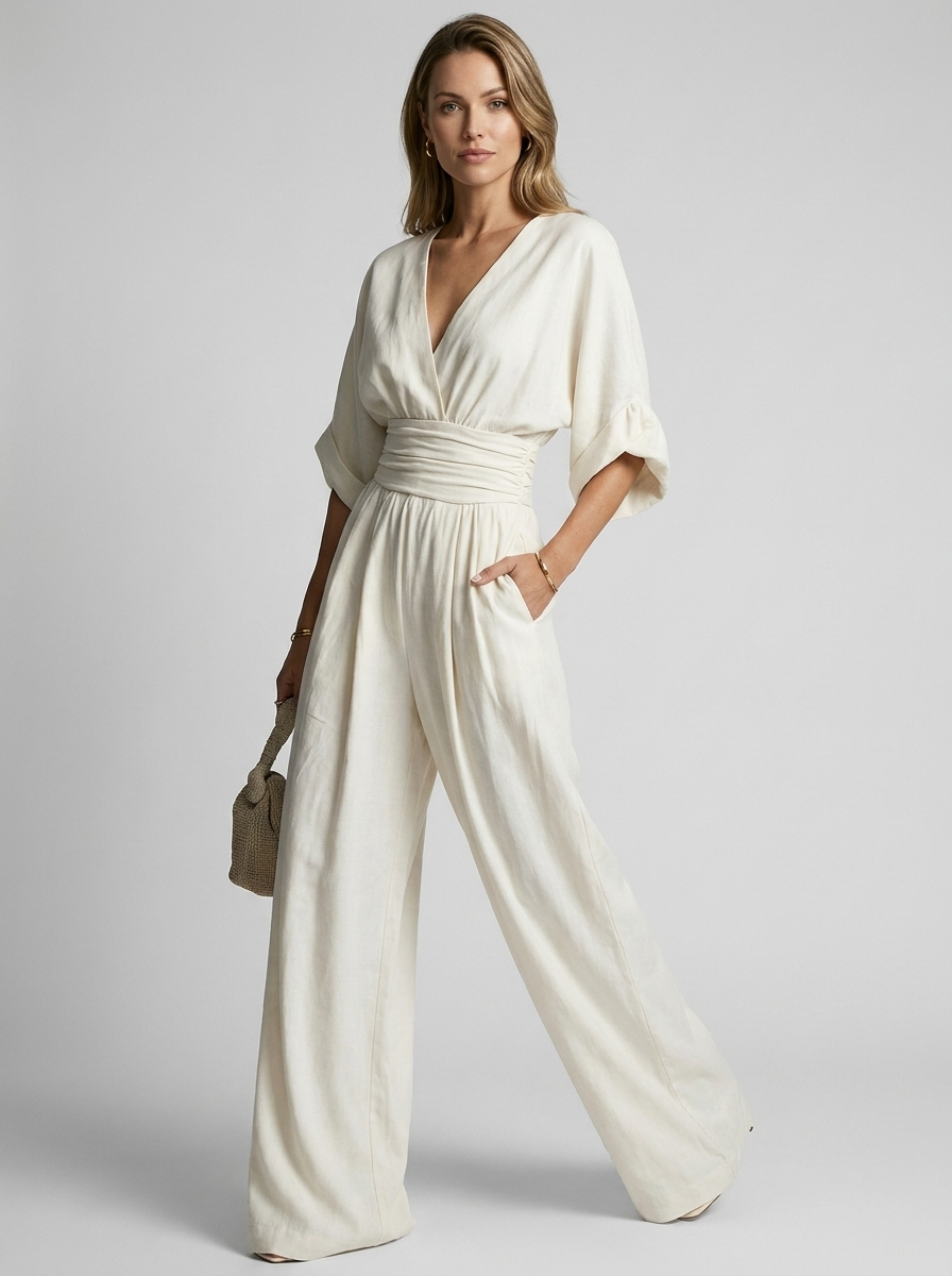 Women's white v-neck wide-leg jumpsuit