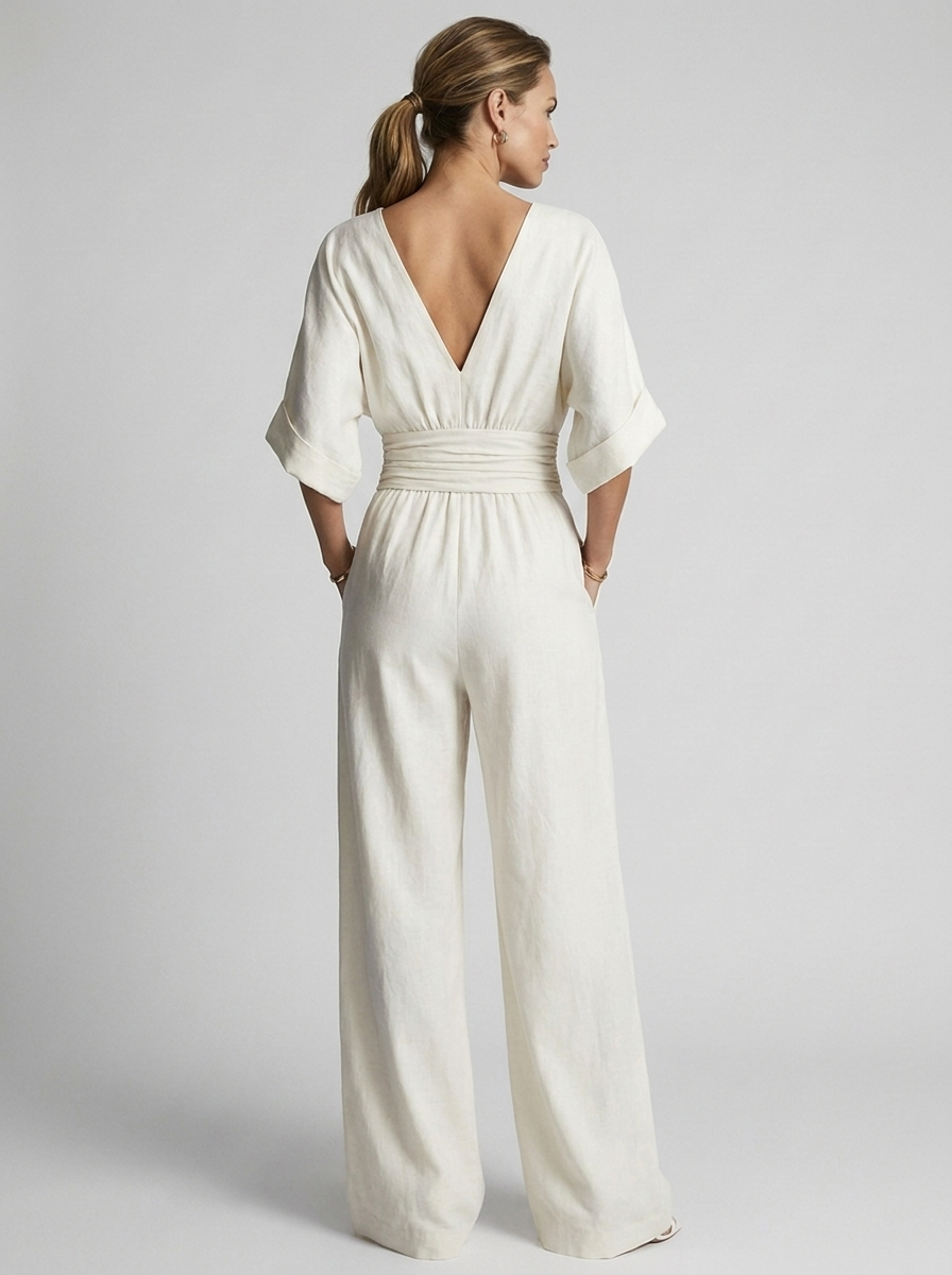 Women's white v-neck wide-leg jumpsuit
