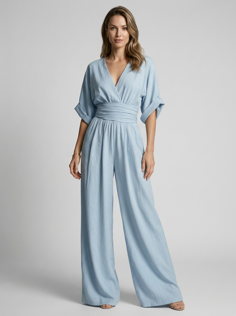 Women's white v-neck wide-leg jumpsuit