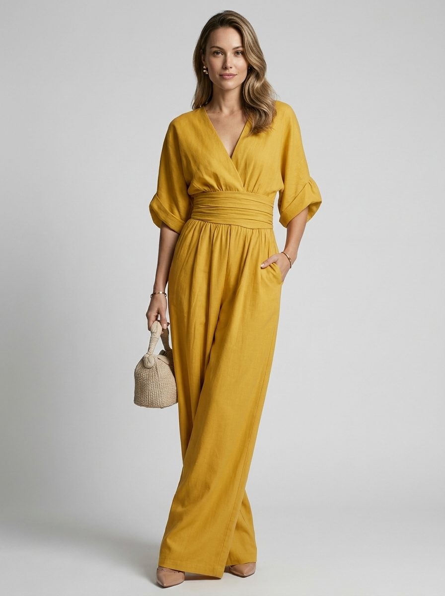Women's white v-neck wide-leg jumpsuit