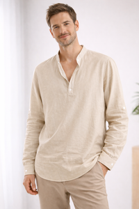 Henley Shirt Long Sleeve Band Collar Loose Fit