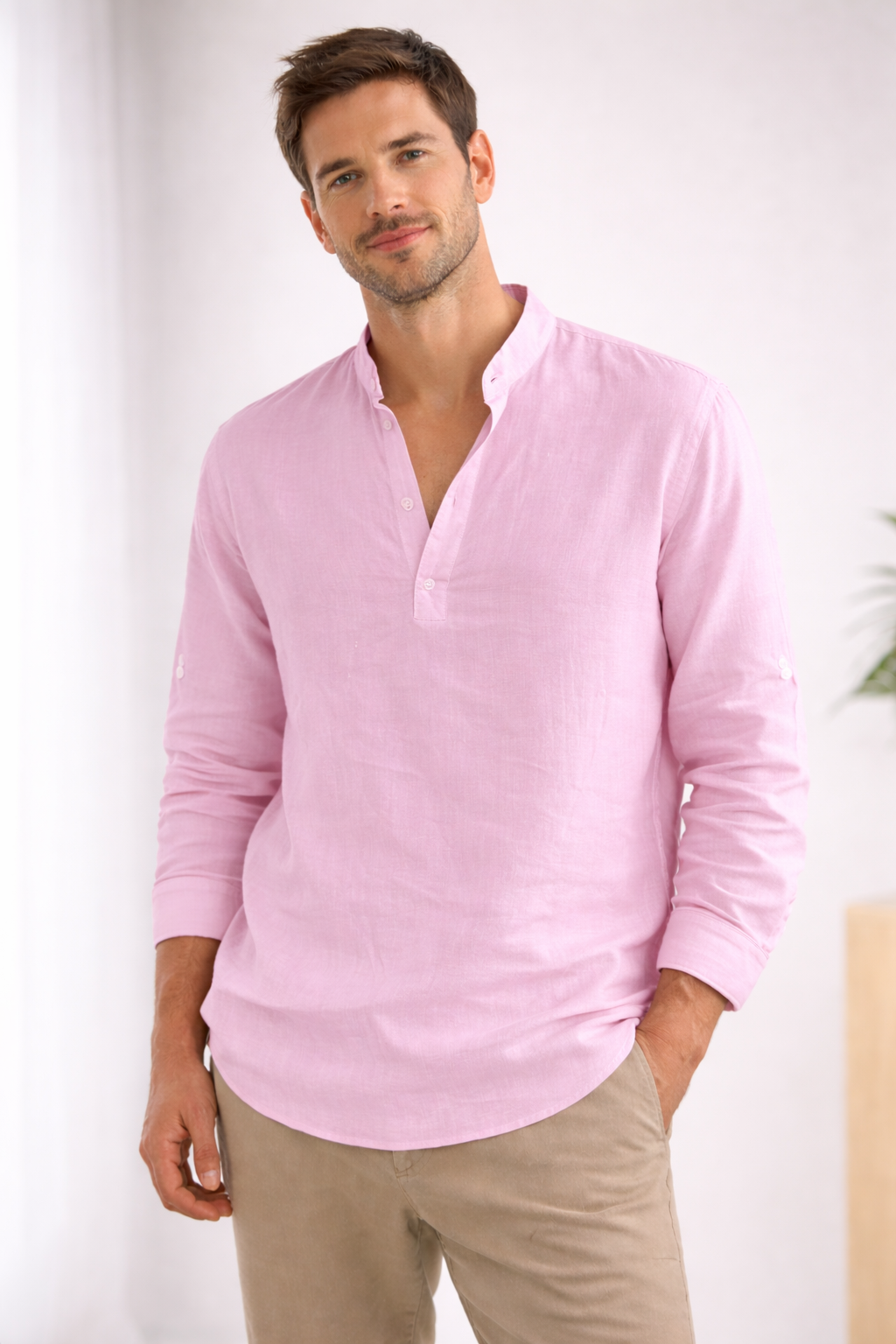 Henley Shirt Long Sleeve Band Collar Loose Fit 4