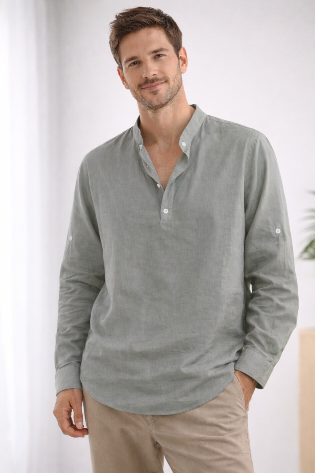 Henley Shirt Long Sleeve Band Collar Loose Fit 5