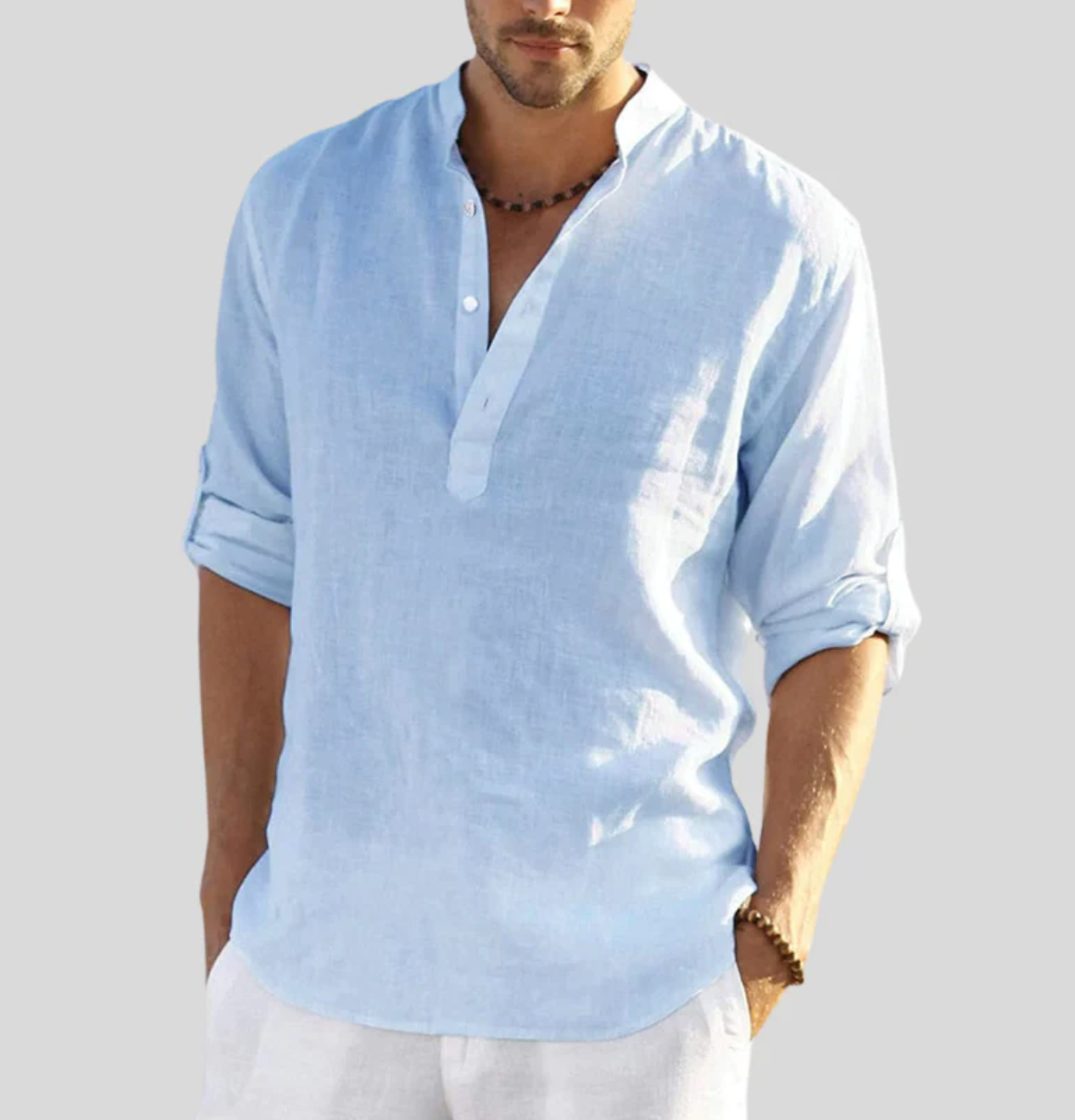 Henley Shirt Long Sleeve Band Collar Loose Fit 7