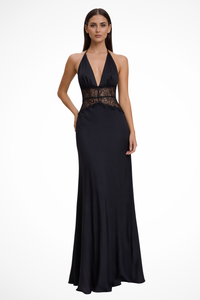 Women's Halter Neck Backless Maxi Dress - Lace Waist