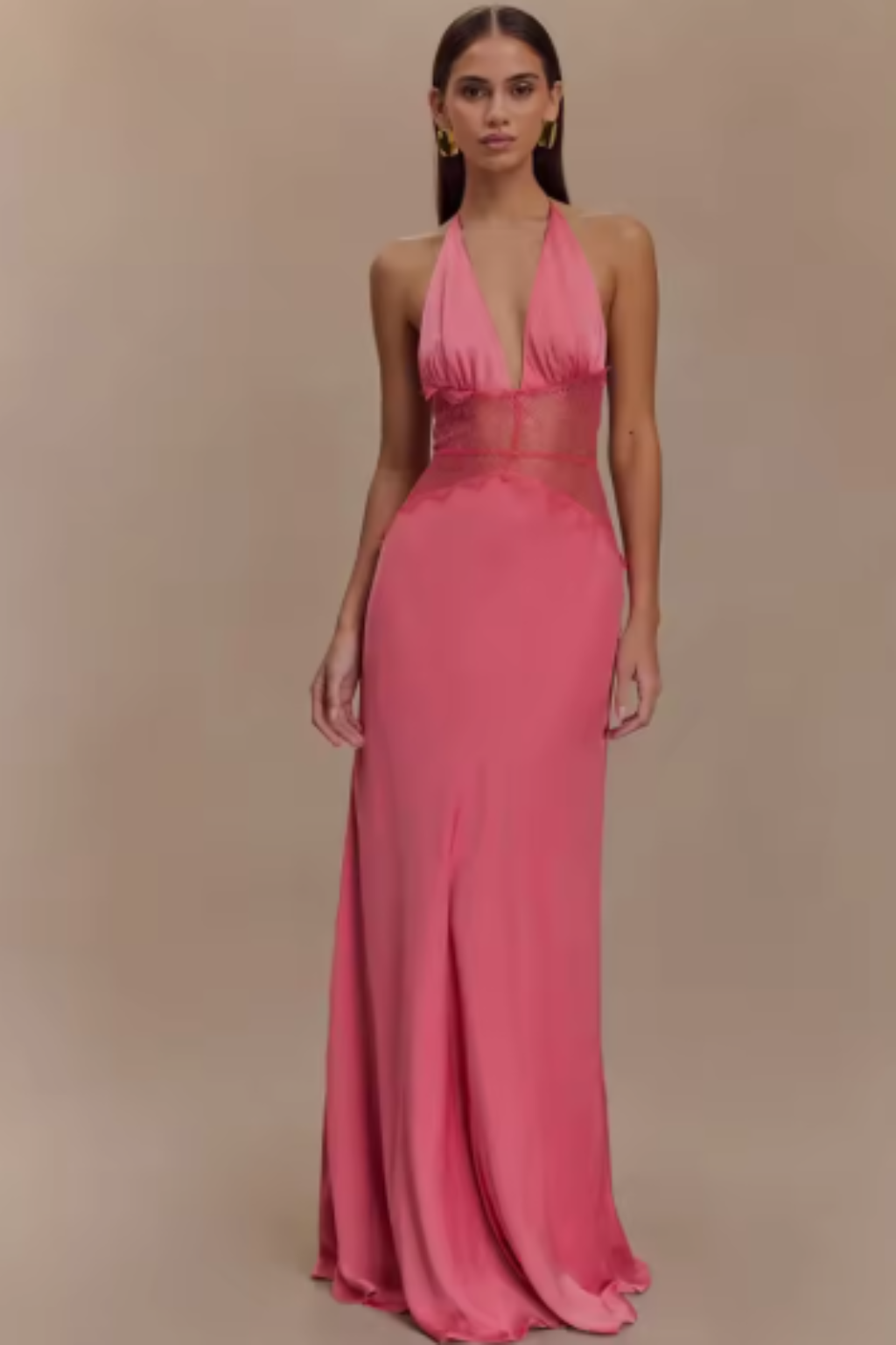 Women's halter neck backless maxi dress with lace waist