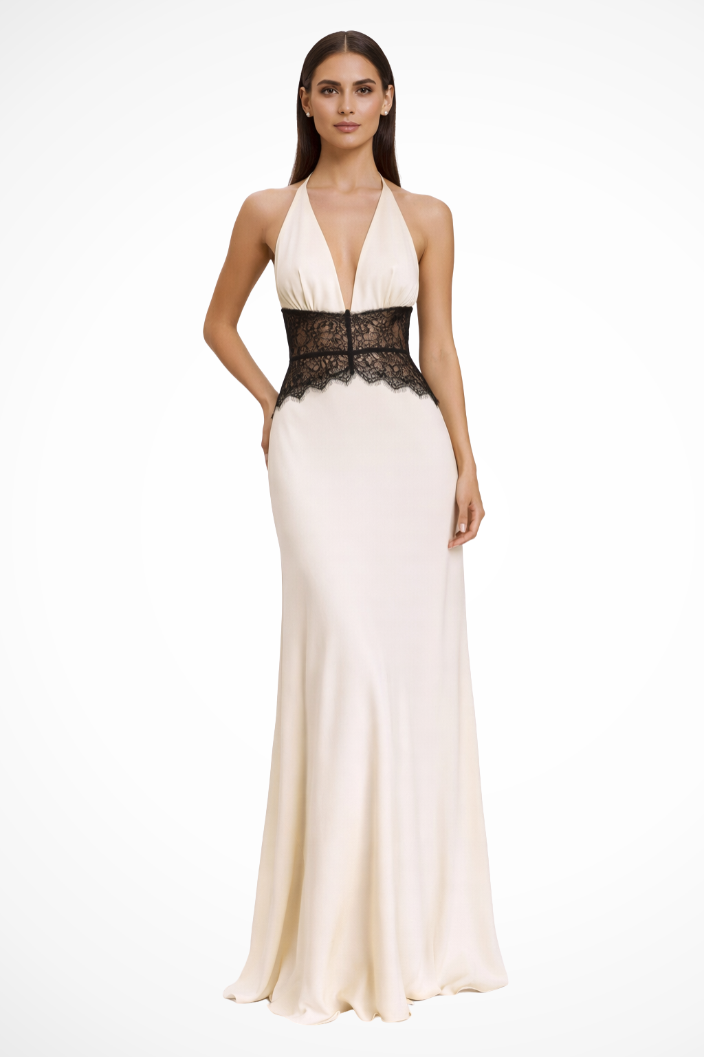 Women's halter neck backless maxi dress with lace waist