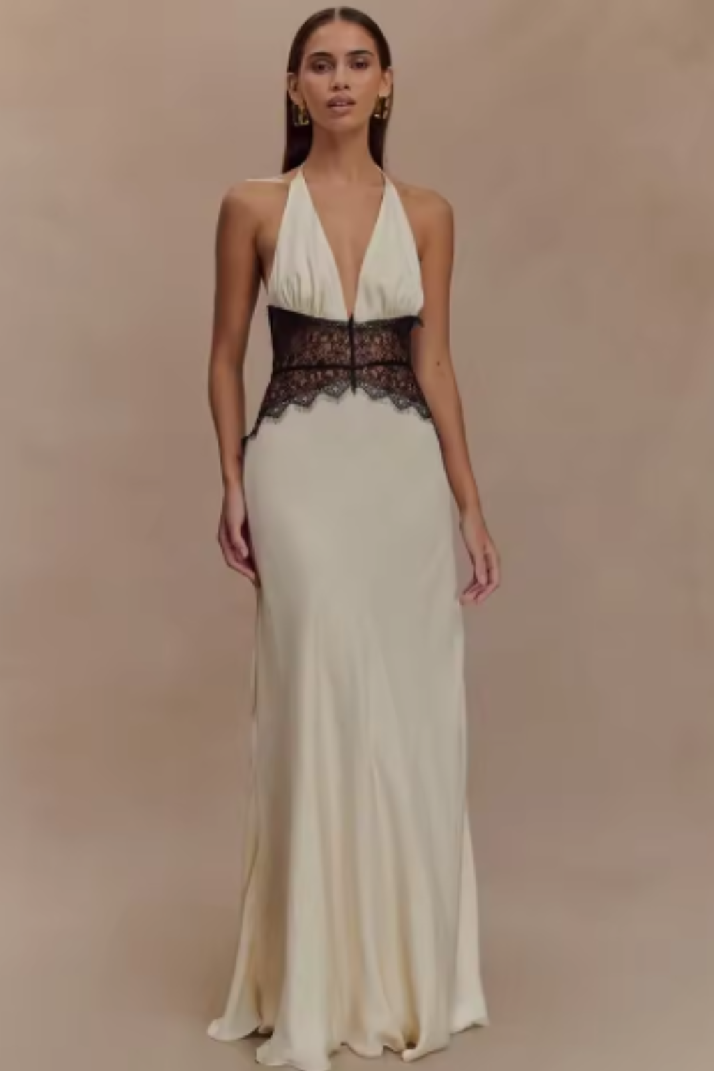 Women's halter neck backless maxi dress with lace waist