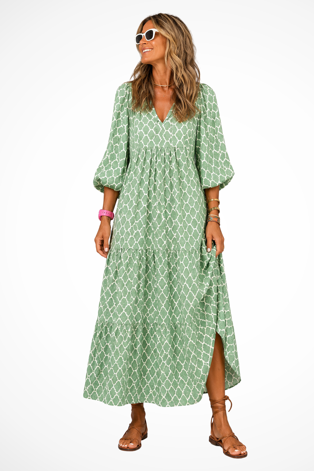 Women's green and white boho tiered v-neck maxi summer dress