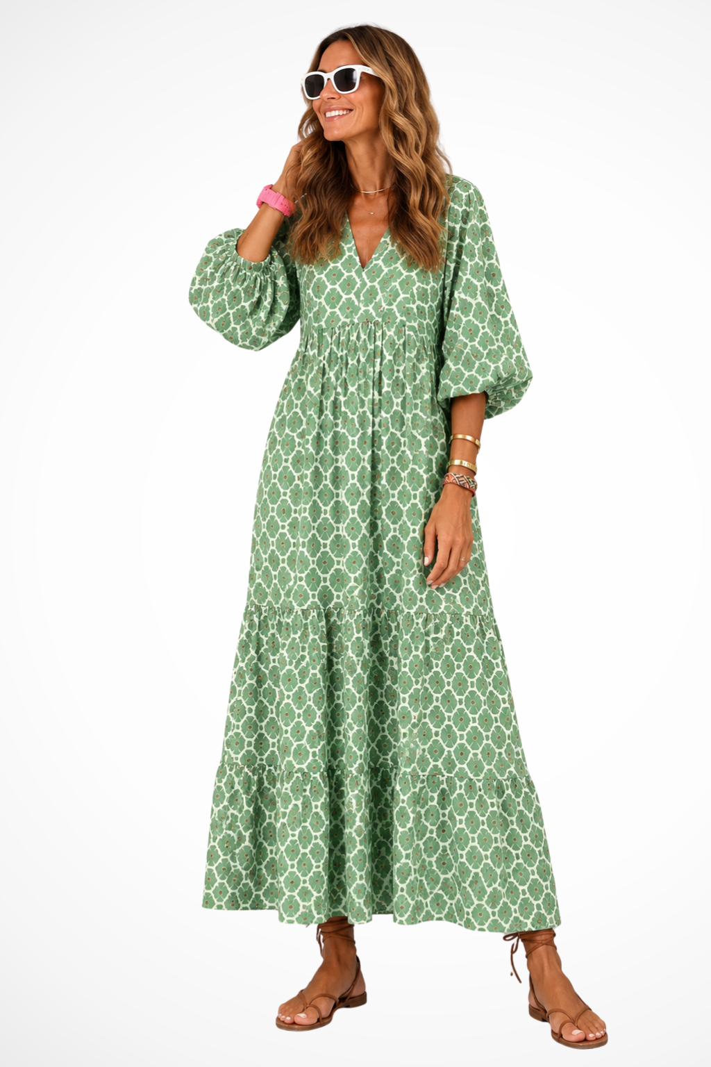 Women's green and pink boho tiered v-neck maxi summer dress