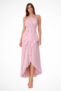 Women's Halter Ruffle Maxi Dress - Backless Wedding Guest